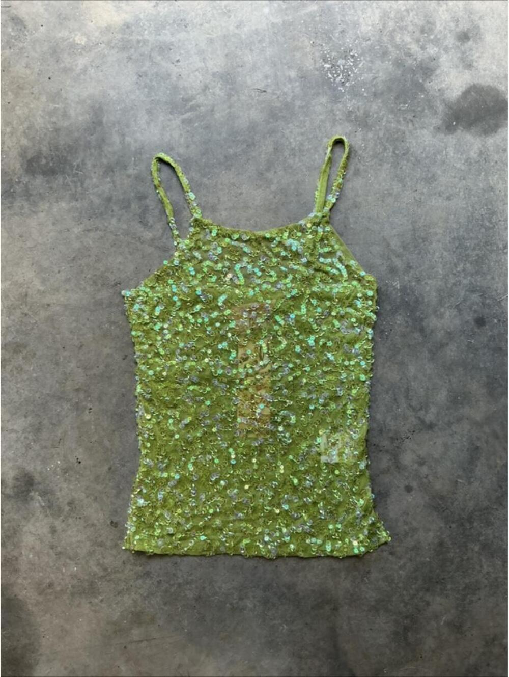 Y2K Deadstock Lime Green Sequin Cami Top | Sheer Sparkly Party Tank
